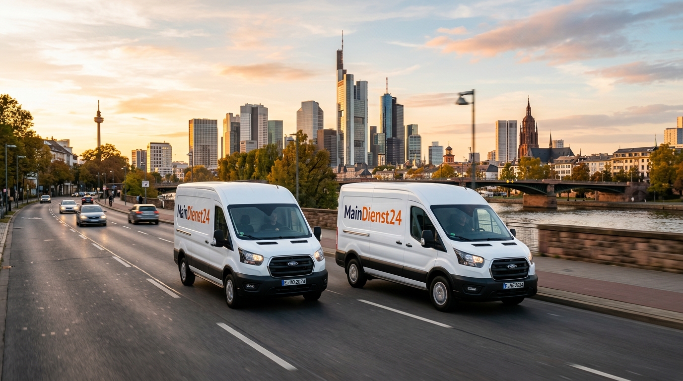 Zwei MainDienst24-Transporter fahren vor der Skyline von Frankfurt am Main